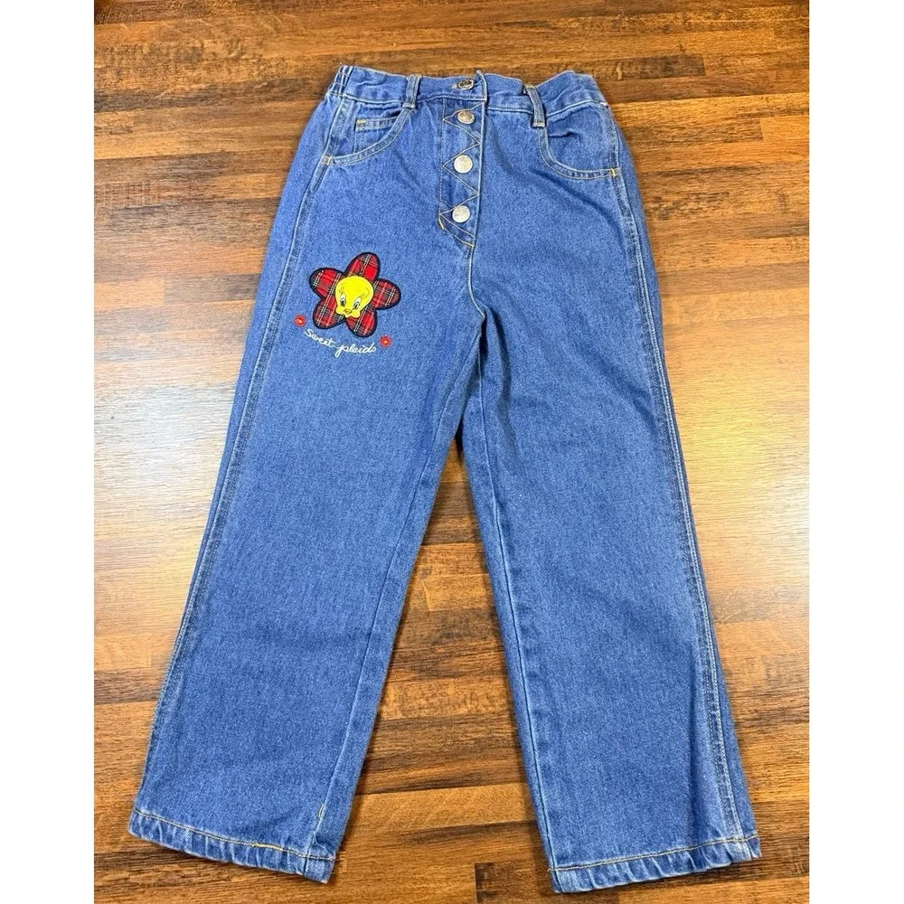 Rare Vintage Y2K Girls looney tunes Tweety bird jeans. Size 6. Faux button fly.